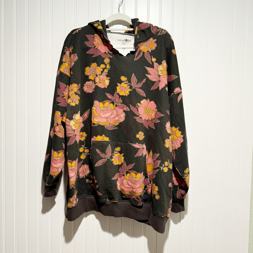 Natural Life Black Floral Oversized Hoodie Sweatshirt Boho Size Medium - Picture 2 of 6